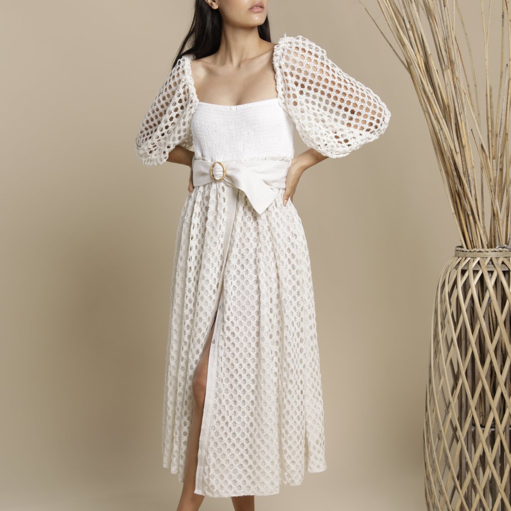 Place Nationale Azuretti Guipure Lace Shirred Milkmaid Puff Sleeve Dress Smoke 6